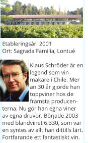 Etableringsår: 2001Ort: Sagrada Familia, Lontué Klaus Schröder är en legend som vinmakare i Chile. Mer än 30 år gjorde han toppviner hos de främsta producenterna. Nu gör han egna viner av egna druvor. Började 2003 med blandvinet 6.330, som var en syntes av allt han dittills lärt. Fortfarande ett fantastiskt vin.