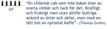 GP En chilensk cab som inte kokar ver av svarta vinbr och tack fr det. Kraftigt och fruktigt men utan alltfr bullriga ackord av rter och ekfat, men med en ltt ton av nyrostat kaffe. (Thomaz Grehn) 