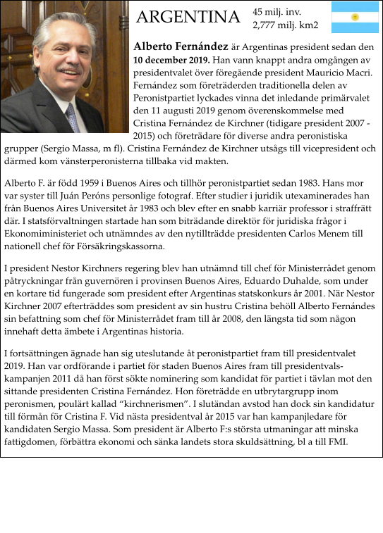 Alberto Fernndez r Argentinas president sedan den 10 december 2019. Han vann knappt andra omgngen av presidentvalet ver fregende president Mauricio Macri.  Fernndez som fretrderden traditionella delen av Peronistpartiet lyckades vinna det inledande primrvalet den 11 augusti 2019 genom verenskommelse med Cristina Fernndez de Kirchner (tidigare president 2007 - 2015) och fretrdare fr diverse andra peronistiska grupper (Sergio Massa, m fl). Cristina Fernndez de Kirchner utsgs till vicepresident och drmed kom vnsterperonisterna tillbaka vid makten. Alberto F. r fdd 1959 i Buenos Aires och tillhr peronistpartiet sedan 1983. Hans mor var syster till Jun Perns personlige fotograf. Efter studier i juridik utexaminerades han frn Buenos Aires Universitet r 1983 och blev efter en snabb karrir professor i straffrtt dr. I statsfrvaltningen startade han som bitrdande direktr fr juridiska frgor i Ekonomiministeriet och utnmndes av den nytilltrdde presidenten Carlos Menem till nationell chef fr Frskringskassorna. I president Nestor Kirchners regering blev han utnmnd till chef fr Ministerrdet genom ptryckningar frn guvernren i provinsen Buenos Aires, Eduardo Duhalde, som under en kortare tid fungerade som president efter Argentinas statskonkurs r 2001. Nr Nestor Kirchner 2007 eftertrddes som president av sin hustru Cristina behll Alberto Fernndes sin befattning som chef fr Ministerrdet fram till r 2008, den lngsta tid som ngon innehaft detta mbete i Argentinas historia. I fortsttningen gnade han sig uteslutande t peronistpartiet fram till presidentvalet 2019. Han var ordfrande i partiet fr staden Buenos Aires fram till presidentvalskampanjen 2011 d han frst skte nominering som kandidat fr partiet i tvlan mot den sittande presidenten Cristina Fernndez. Hon fretrdde en utbrytargrupp inom peronismen, poulrt kallad kirchnerismen. I slutndan avstod han dock sin kandidatur till frmn fr Cristina F. Vid nsta presidentval r 2015 var han kampanjledare fr kandidaten Sergio Massa. Som president r Alberto F:s strsta utmaningar att minska fattigdomen, frbttra ekonomi och snka landets stora skuldsttning, bl a till FMI.        45 milj. inv.2,777 milj. km2 ARGENTINA