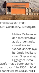 Etableringsr: 2008Ort: Gualtallary, Tupungato  Matas Michelini r den mest kreative av de argentinska vinmakare som skapat landets nya bermda kvalitetsviner. Specialvinet Eggo grs i sm ggformade betongtankar av druvor frn 1350 m hjd. Landets bsta rdvin 2013.