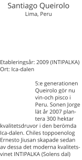 Santiago QueiroloLima, Peru Etableringsr: 2009 (INTIPALKA) Ort: Ica-dalen  5:e generationen Queirolo gr nu vin-och pisco i Peru. Sonen Jorge lt r 2007 plantera 300 hektar kvalitetsdruvor i den bermda Ica-dalen. Chiles toppoenolog Ernesto Jiusan skapade sedan av dessa det moderna kvalitetsvinet INTIPALKA (Solens dal)