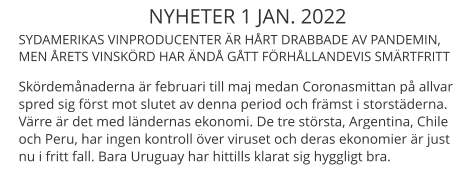 NYHETER 1 JAN. 2022 SYDAMERIKAS VINPRODUCENTER R HRT DRABBADE AV PANDEMIN, MEN RETS VINSKRD HAR ND GTT FRHLLANDEVIS SMRTFRITTSkrdemnaderna r februari till maj medan Coronasmittan p allvar spred sig frst mot slutet av denna period och frmst i storstderna. Vrre r det med lndernas ekonomi. De tre strsta, Argentina, Chile    och Peru, har ingen kontroll ver viruset och deras ekonomier r just  nu i fritt fall. Bara Uruguay har hittills klarat sig hyggligt bra.